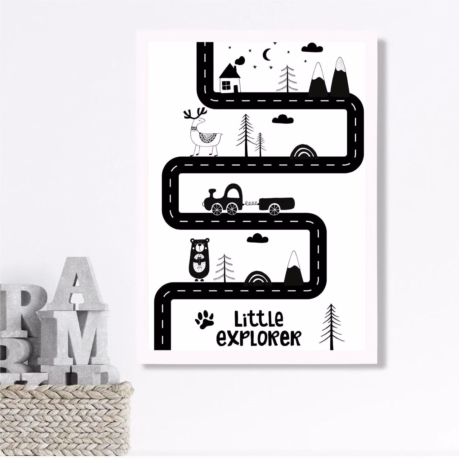 ARTZE Cute Little Explorer Map Scandi Framed Print, Black and White, A4 – 2