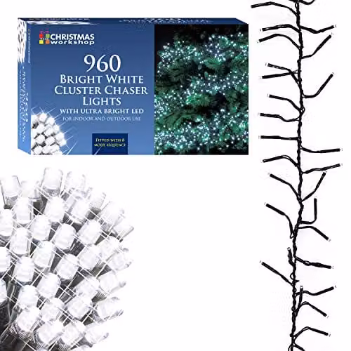 The Christmas Workshop 960 Bright White LED Chaser Cluster Christmas Lights, 13.9 Metres, Indoor and Outdoor Fairy Lights with 8 Light Modes – 1