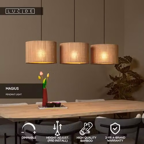 Lucide Magius Scandinavian Bamboo Bar Pendant Light, Brown, Dimmable and Height Adjustable, 3 x E27 – 2