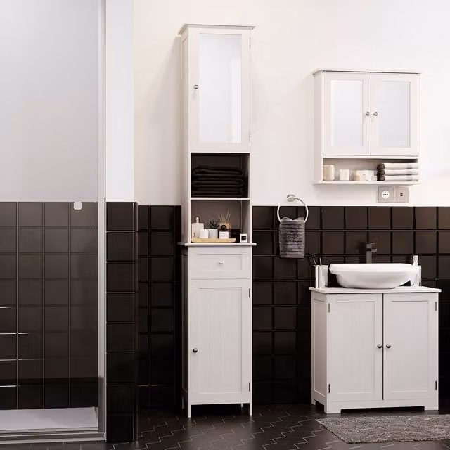 Priano Modern White 2 Door Tall Bathroom Cabinet with Mirror and Internal Shelves and Drawers
