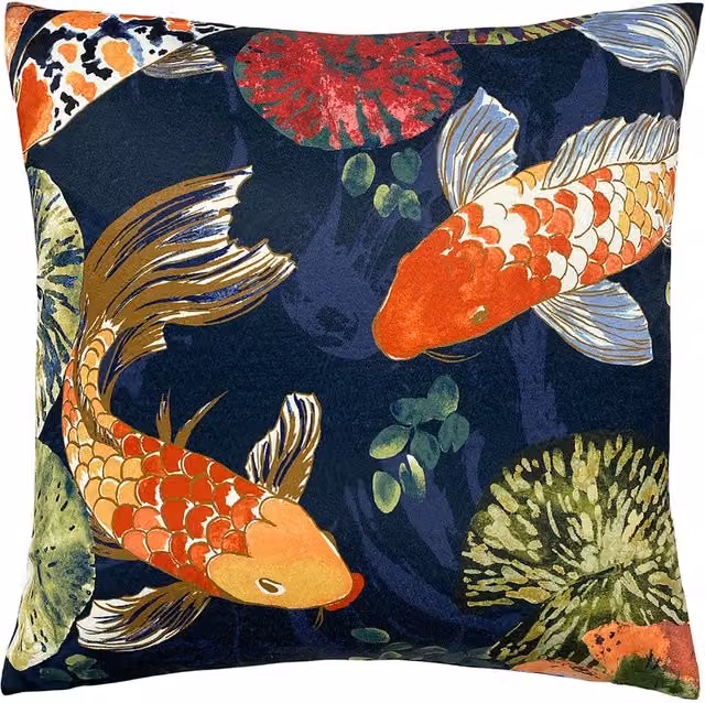 Make It A Home Koi Pond Square Velvet Cushion in Blue and Multicolour