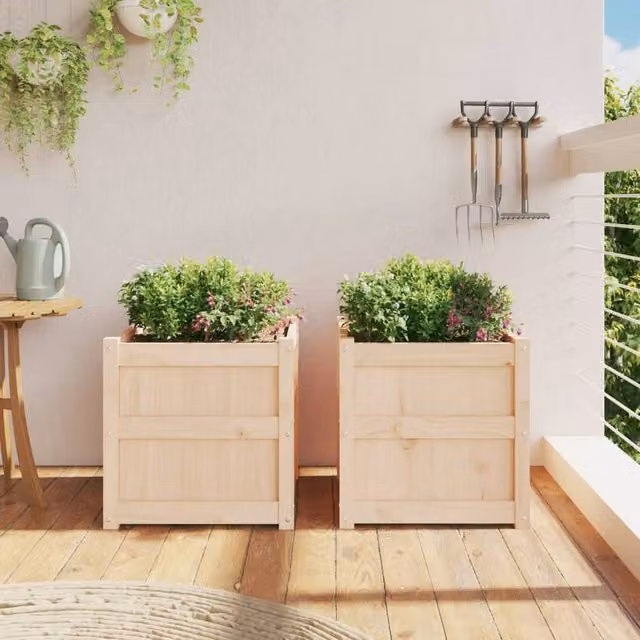 Berkfield Home Garden Solid Wood Pine Planters, 2 Pack, Beige
