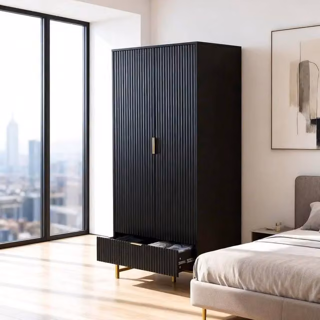 FURNITURE ONE Modern 2-Door Wardrobe Cabinet with Integrated Soft-Close Drawers in Matt Black and Gold