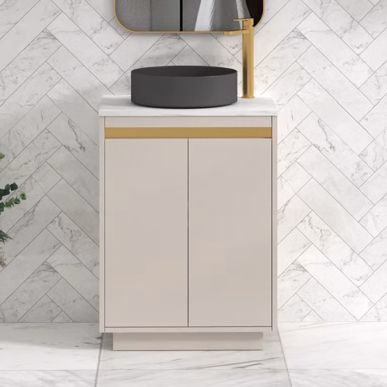 Royal Bathrooms Orion 600mm Warm Taupe Floor Standing 2 Door Vanity Unit with Art Round Basin and Brushed Brass Accent Trim