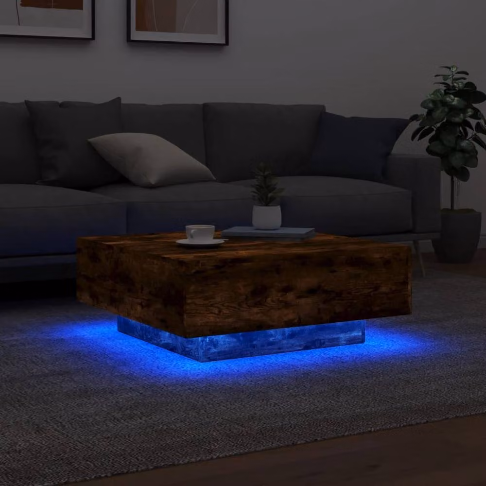 Berkfield Home Modern Square Coffee Table with LED Lights in Smoked Oak Brown, W/D/H: 80 x 80 x 31 cm – 4