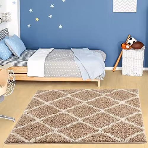 THE RUGS Modern Moroccan Shaggy Square Area Rug in Beige and White, W/D: 120 x 120 cm, Height: 3 cm – 1