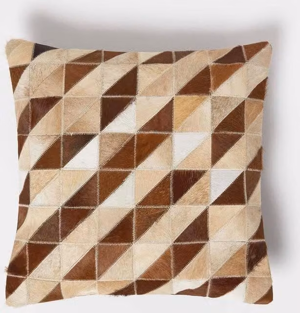 Homescapes Brown Diamond Check Leather Cushion with Suede Reverse, W/D/H: 45 x 45 x 45 cm