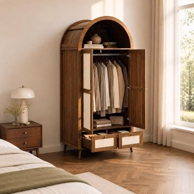 Merax Arched Double Door Wardrobe with 2 Rattan Effect Drawers in Walnut, W/D/H: 80 x 55 x 180 cm