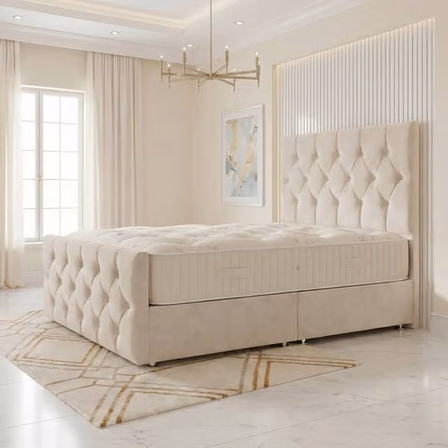Somnior Ziggy Velvet Divan Bed in Ivory with Super King Mattress, 54 inch Headboard and 22 inch Footboard, W/D/H: 200 x 167.5 x 137.16 cm