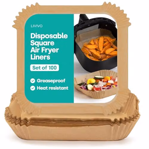 Livivo Disposable Square Air Fryer Liners, Non-Stick and Greaseproof, Beige, 100 Pieces – 10