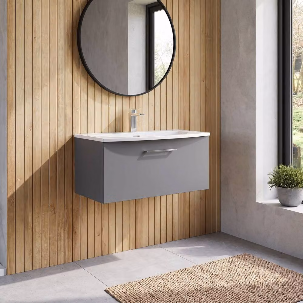 Balterley Modern Wall Hung Bathroom Vanity Basin with 1 Soft Close Drawer, Satin Grey, Width: 80 cm – 2