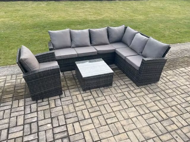 Fimous Dark Grey Rattan Garden Furniture Set with High Back Corner Sofa, Armchair and Square Coffee Table