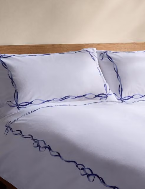 M&S Pure Cotton Bow Border Print Bedding Set, Blue and White, 140 x 200 cm