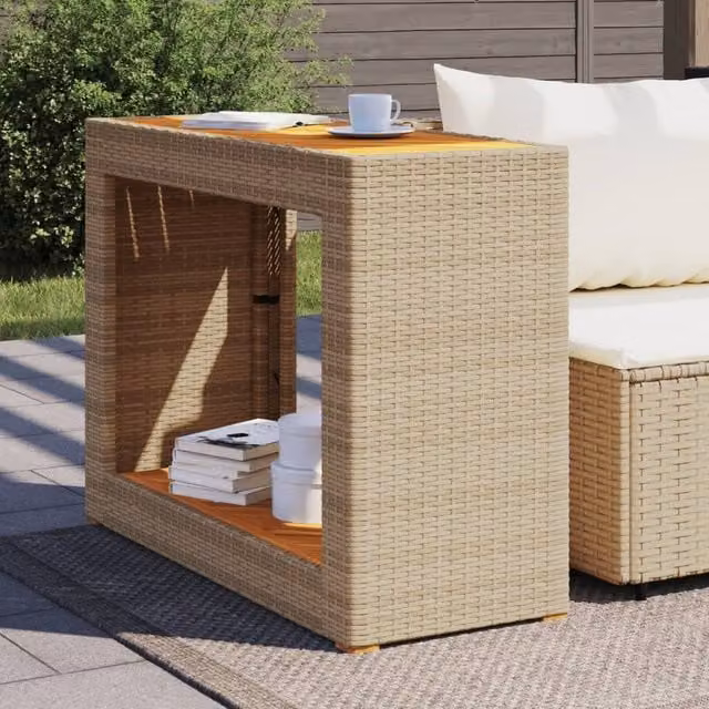 Berkfield Home Garden Side Table with Beige Poly Rattan and Oiled Acacia Wood Top, W/D/H: 100 x 40 x 75 cm – 1
