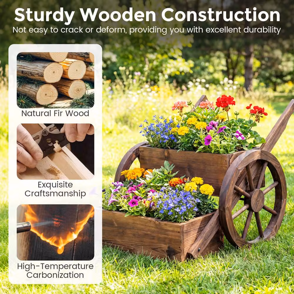 Costway 2-Tier Rustic Wood Wagon Planter and Raised Garden Bed with Wheels in Brown – 3