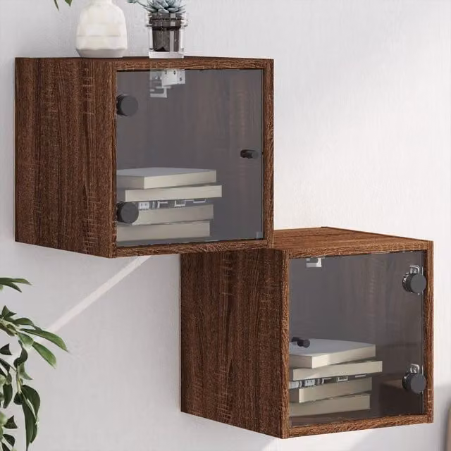 Berkfield Home Set of 2 Modern Brown Oak Bedside Cabinets with Glass Doors, W/D/H: 35 x 37 x 35 cm