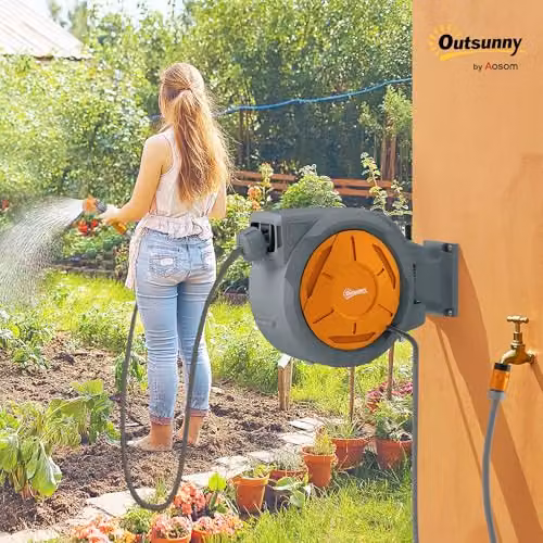 Outsunny Wall Mounted Retractable Hose Reel, Orange – 2