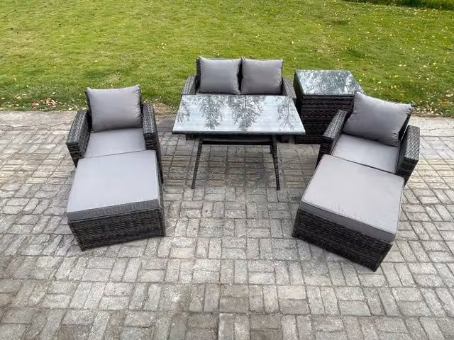 Fimous Rattan Wicker Garden Furniture Set in Dark Grey with Rectangular Dining Table, Armchair and 2 Big Footstools