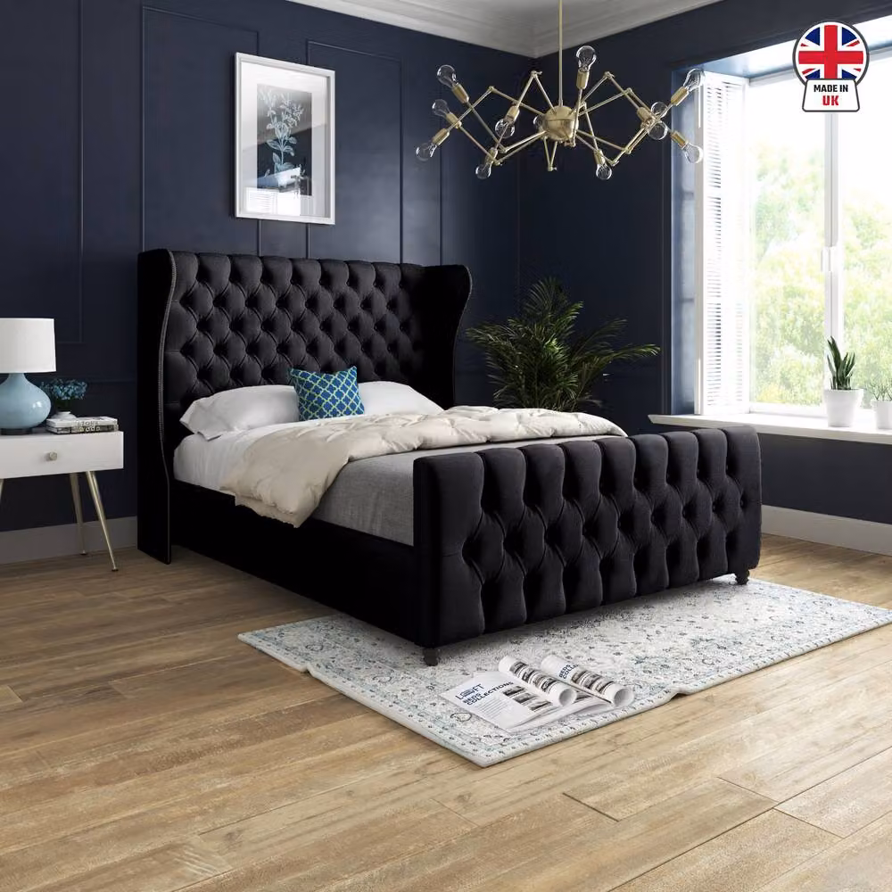 KDMD Kettering Chesterfield Upholstered Designer Bed Frame in Black Soft Velvet, W/D/H: 120 x 200 x 137 cm – 3