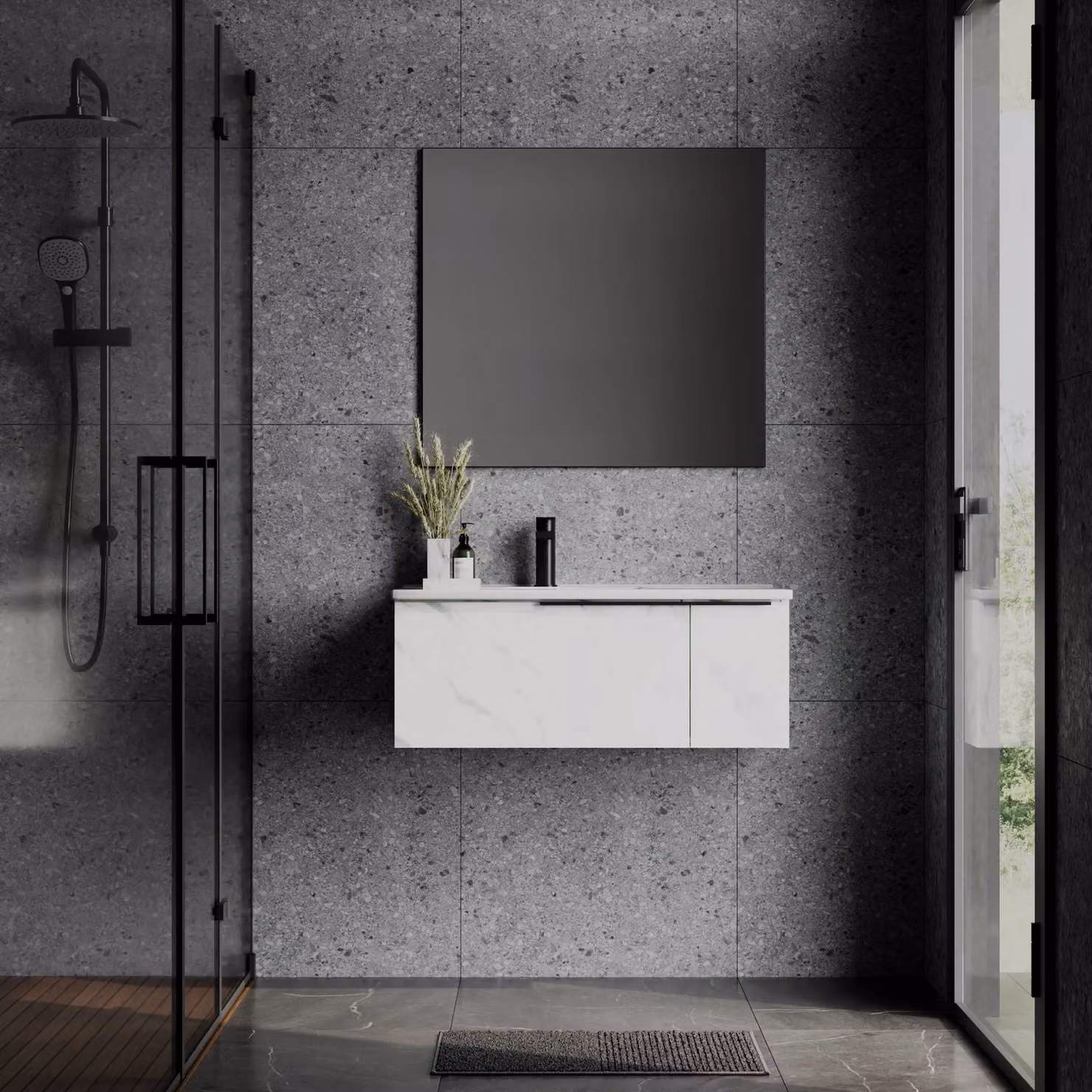 Banyetti Siena 800mm Wall-Hung Vanity Unit with Carrara Marble Top and Matt Black Handles in White – 2
