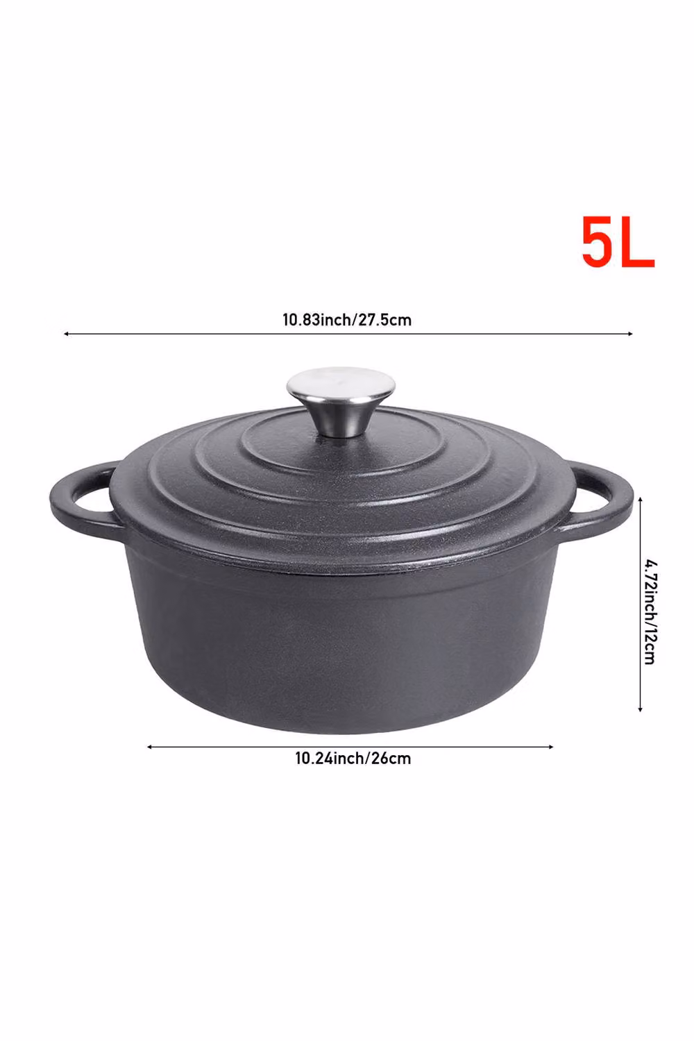 Garden Sanctuary 5L Enamelled Cast Iron Dutch Oven Casserole Pot with Lid in Black – 5