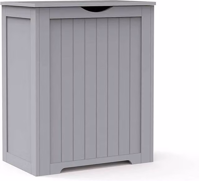 KORVIXA Grey Wooden Laundry Hamper Cabinet with Lid, W: 60 cm, H: 65 cm – 1