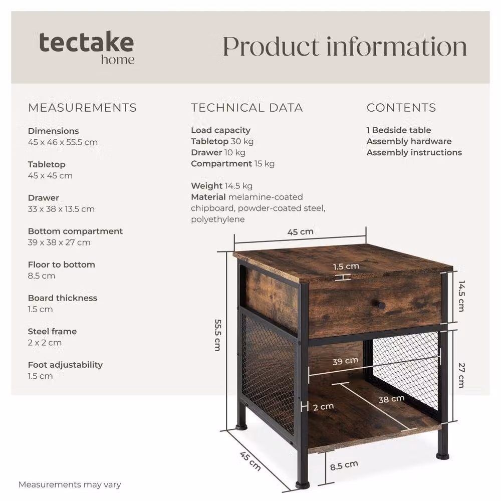 tectake Killarney Bedside Table with Shelf, Drawer and Open Storage in Brown – 6