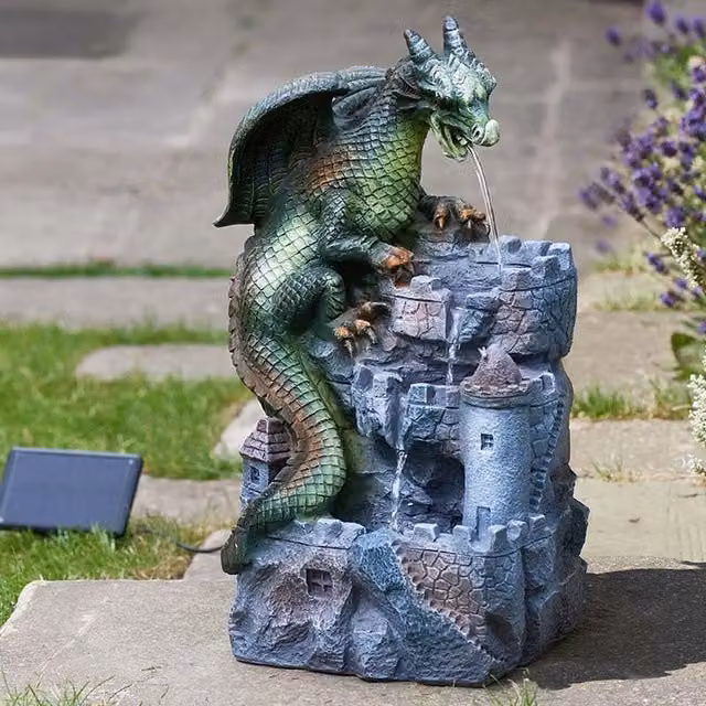 Garden Mile Dragon Cascade Solar Animal Water Feature Fountain in Grey and Green