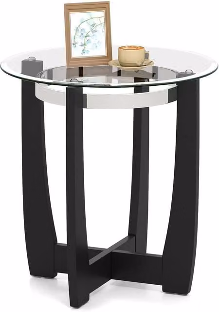 Costway Round End Table with Tempered Glass Top and Rubberwood Frame in Black, Diameter: 61 cm