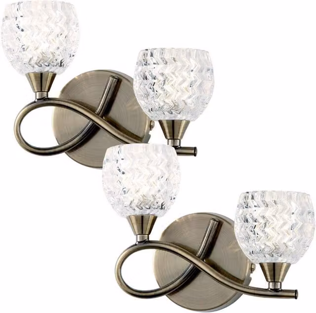 Loops 2 Pack LED Twin Wall Light with Twist Arm in Antique Brass and Clear Glass Pattern, Dimmable