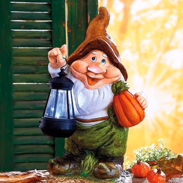 Coopers of Stortford Autumn Gnome with Solar Lantern in Multicolour and Bronze, H: 36.0 cm, W: 21.0 cm, D: 16.0 cm