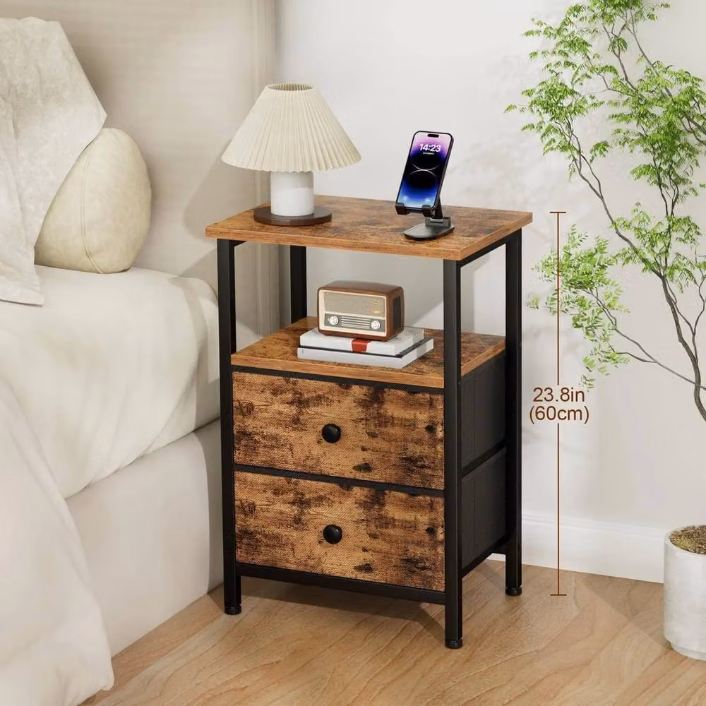 FORGEVIO Brown Bedside Table with 2 Fabric Storage Compartments, W/D/H: 30 x 40 x 60 cm – 3