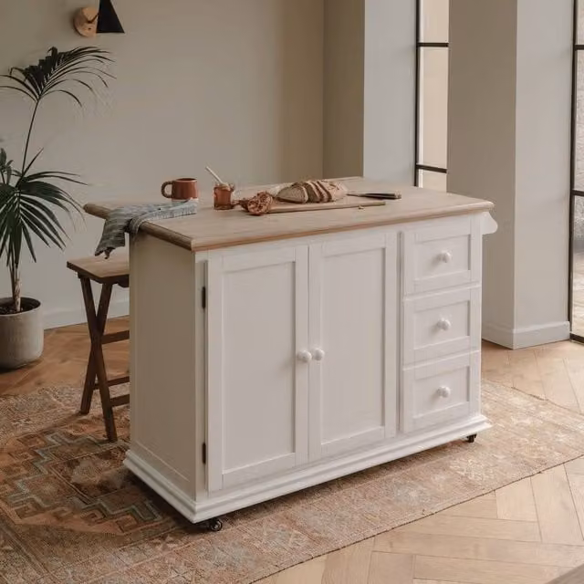 Statement Furniture Shire Breakfast Bar White Kitchen Storage Trolley with Extendable Oak Top and Wheels, W: 129 cm, D: 54 cm, H: 95 cm