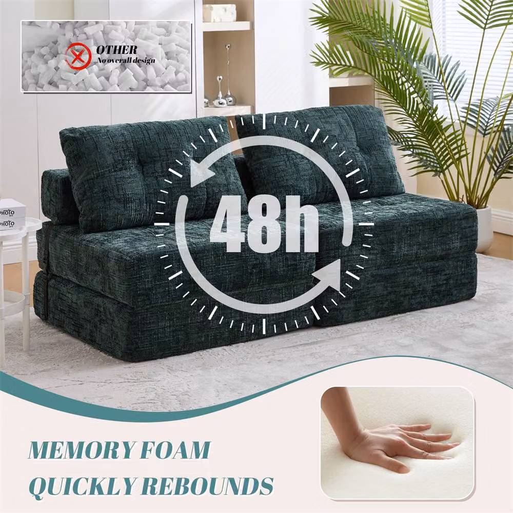 Direct Wicker Emerald Green Chenille Tufted Folding Sofa Bed with Pillow and Back Support – 7
