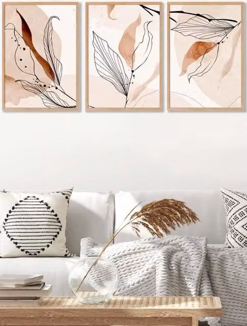 ARTZE Set of 3 Autumn Leaves Graphical Line Art Wall Decor in Pale Orange with Oak Frames, W: 45 cm, H: 62 cm, D: 2 cm