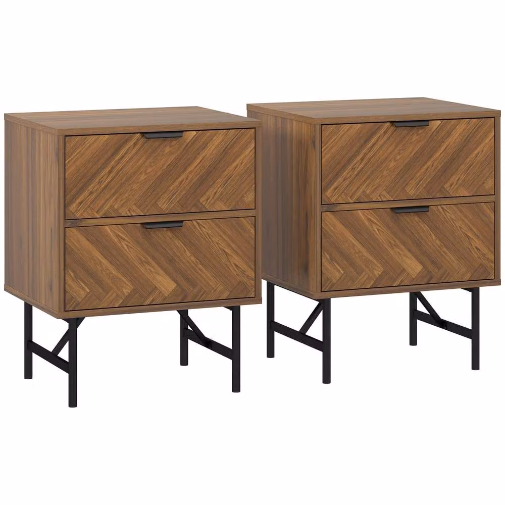 Wyld Haus Vira Set of 2 Bedside Tables in Walnut Brown with Chevron Herringbone Pattern – 2