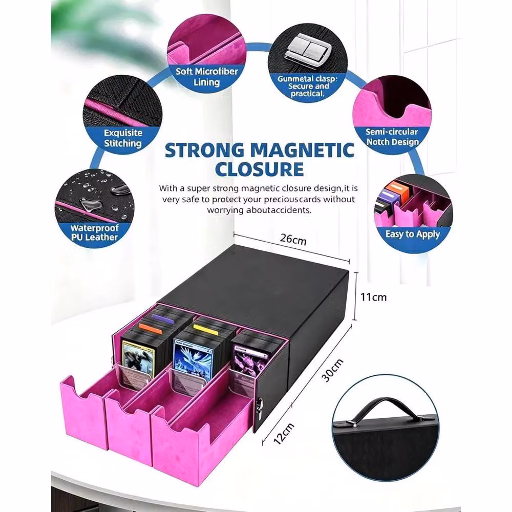 NESTLUNE Black and Purple Leather Trading Card Deck Storage Box with Handle for 2400+ Cards – 2