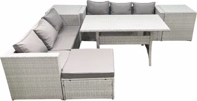 Fimous 7 Seater Rattan Garden Furniture Set with Dining Table, 2 Side Tables and Footstool in Light Grey
