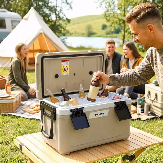 Outsunny Insulated Cool Box with Handle in Beige and Yellow