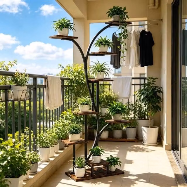 EONLION Industrial Metal and MDF Plant Stand Flower Potted Holder in Brown and Black, H 165.0 cm x W 60.0 cm x D 8.0 cm