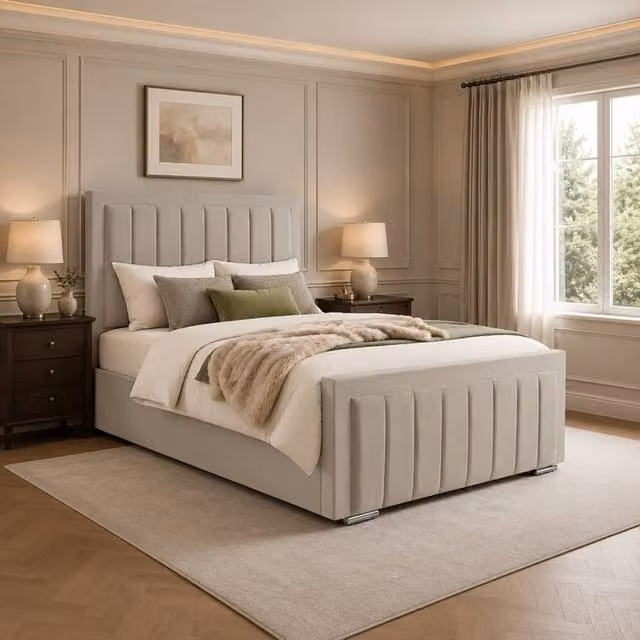Desire Deco Lucia Upholstered Plush Velvet Panel Bed Frame in Light Beige, W/D/H: 180 x 200 cm