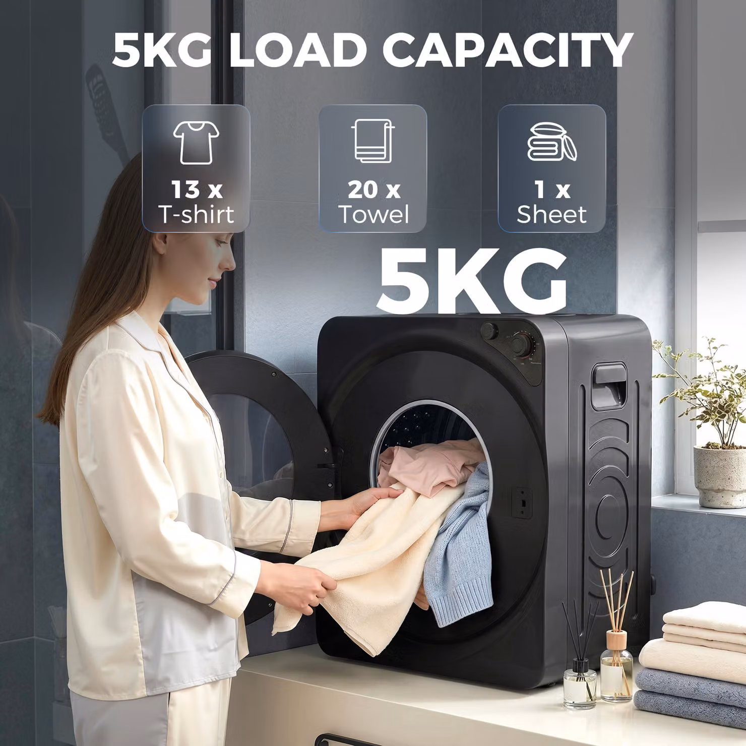 HOMCOM 5kg Vented Tumble Dryer, 1000W Compact Front Loader with 5 Drying Modes and Stainless Steel Tub, Black – 5