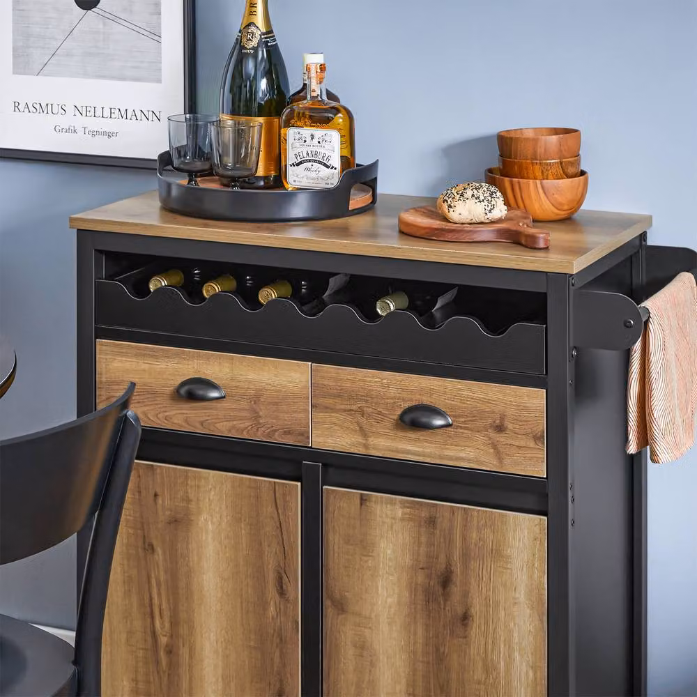 SoBuy Industrial Kitchen Trolley with Wine Rack and Storage in Brown and Black – 6