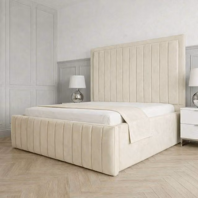 Living Comfort Bedz Sovereign Plush Velvet Upholstered Bed with Slatted Base and 48 Inch Headboard in Cream, Small Double