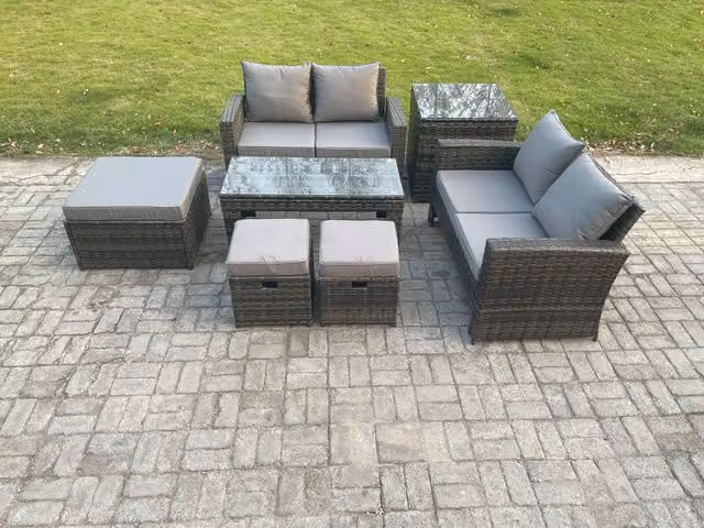 Fimous 7 Seater Rattan Garden Furniture Set in Dark Grey with High Back Sofas, Coffee Table, Side Table and 3 Footstools