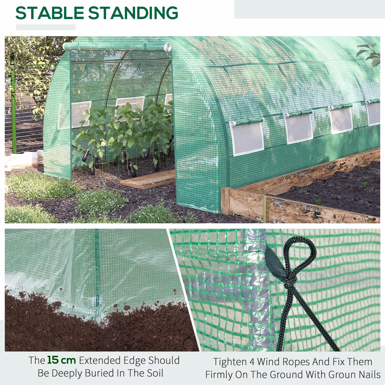 Outsunny Green Polytunnel Greenhouse Walk-in Grow House Tent with Roll-up Sidewalls and Zipped Door, W: 400 cm, D: 300 cm, H: 200 cm – 3