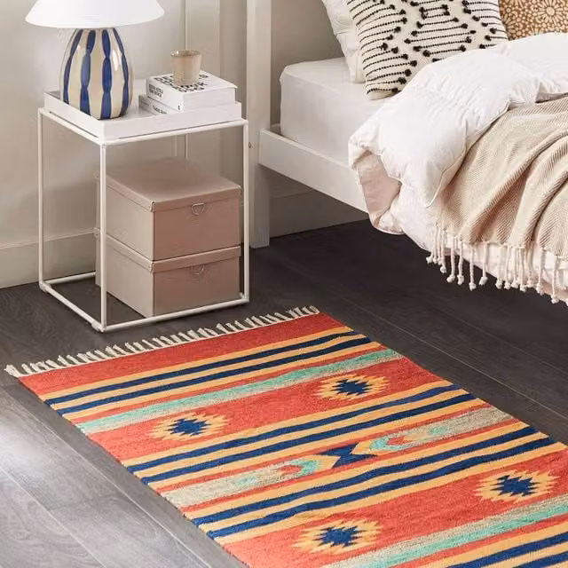 Wyld and Coco Multicolour Cotton Kilim Handwoven Rectangular Rug with Fringes W: 80 cm, L: 150 cm