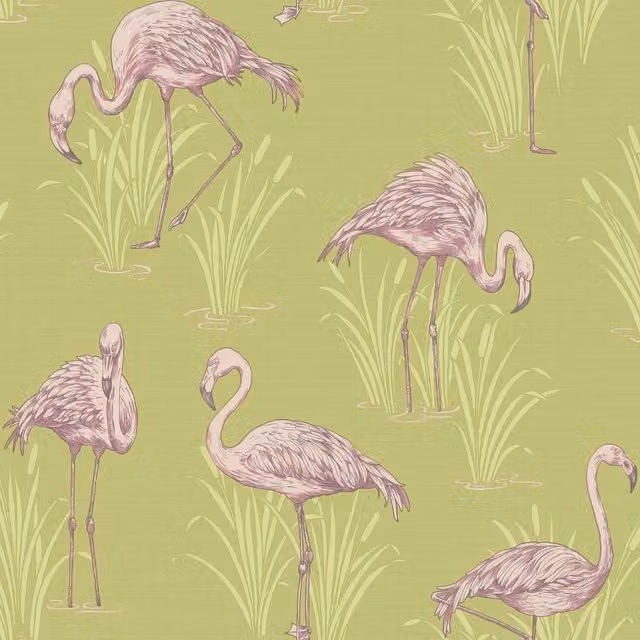 Arthouse Lagoon Green and Pink Flamingo Textured Animal Print Wallpaper in Silver