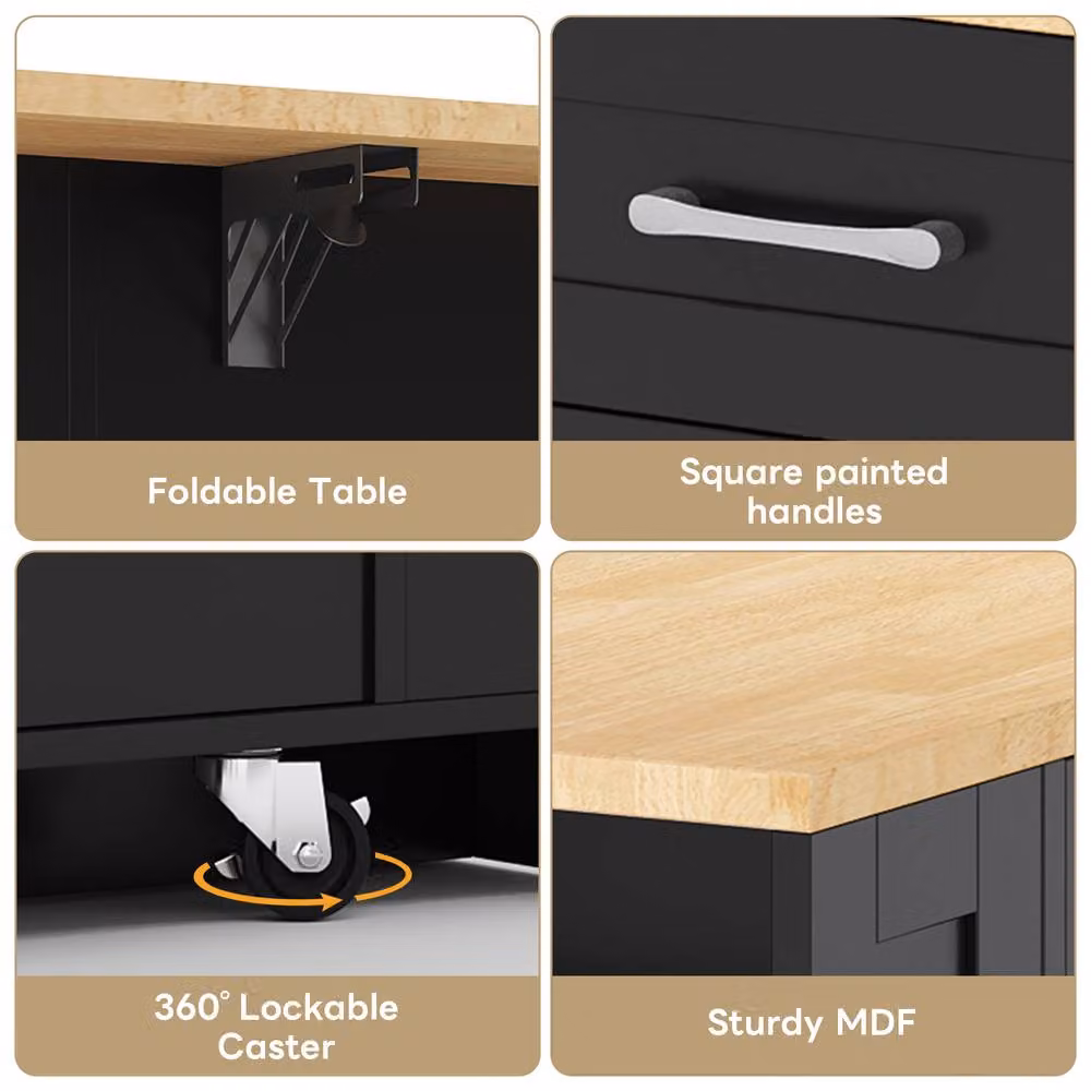 BTM Black Kitchen Island on Wheels with Folding Tabletop, Glass Doors and USB Charging Port, W/D/H: 93.5 x 70 x 70 cm – 2