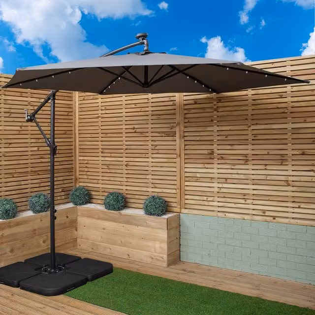Samuel Alexander Grey Solar Powered LED Cantilever Garden Parasol with Base Weights, W/D/H: 300 x 300 x 240 cm